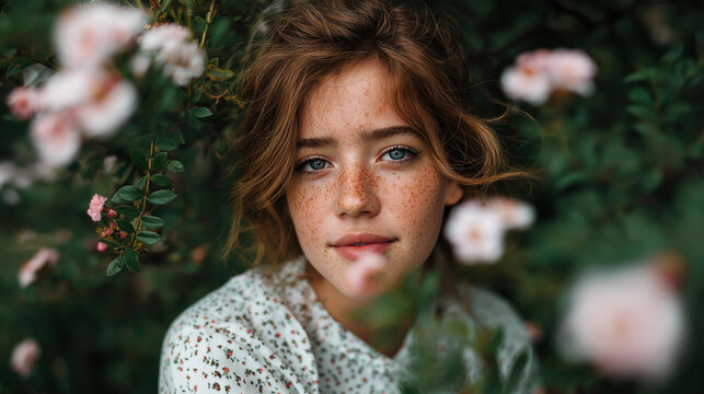 Portrait of a young woman with freckles in warm light with an expressive gaze against a floral background, natural beauty and authenticity, genuine portrait photography, with copy
