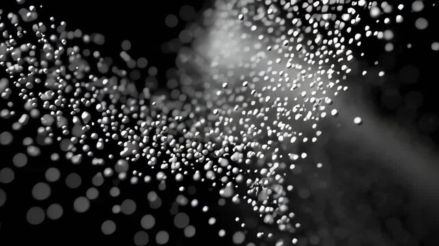 abstract white particles floating in black background creating dynamic wave shapes for design use