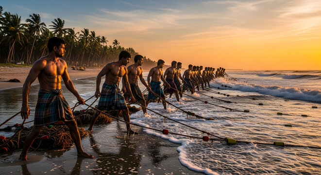Group of strong muscular fishermen pulling large heavy net from ocean at sunrise on tropical beach lined with palm trees representing hard manual labor and traditional coastal fishing industry.