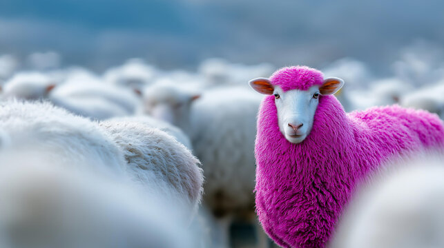 Bold pink sheep standing apart from a white flock, authenticity and breaking conformity concept, inclusive diversity marketing, millennial branding and storytelling, with copy
