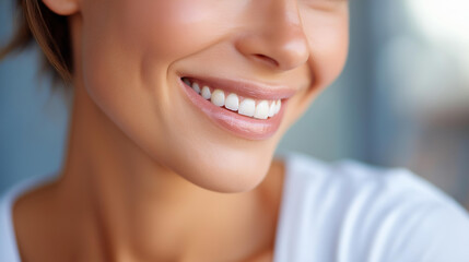 Obraz premium Hyper-realistic close-up of a genuine warm smile, authenticity and kindness concept, memorable first impression visualization, with copy space