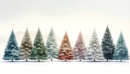 Obraz premium A row of stylized fir trees in varying colors against a soft, snowy backdrop and distant mountains