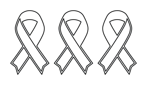 Minimalist awareness ribbon line icons, set of 3 cancer support symbols, black and white vector outline for medical charity and health campaigns