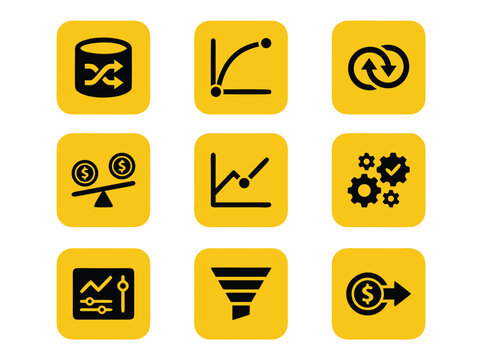 Set of Nine Business and Data Analysis Flat Icons.