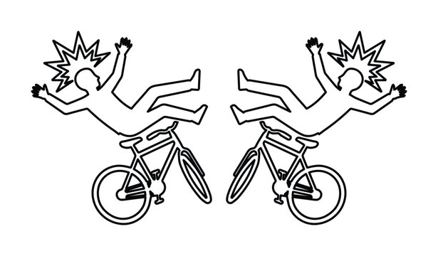 Bicycle accident line art vector, stick figure falling off bike illustration, cycling crash and injury concept, black and white outline icon