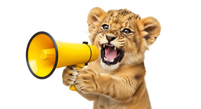 Young lion cub powerfully broadcasting a message through a vibrant yellow megaphone, symbolizing assertive communication