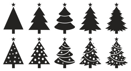 Obraz premium Christmas Tree Icon Set Minimalist Black Silhouette Vector Illustration for Winter Holiday Decoration and Greeting Cards