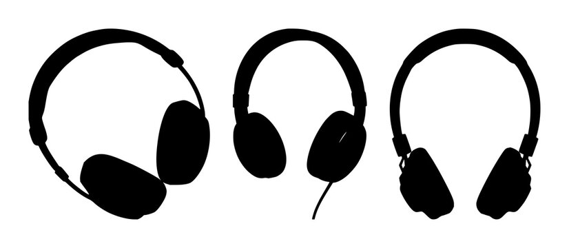 Headphones set with simple black silhouette against white background featuring headphones, audio, audio equipment with line art and graphic design