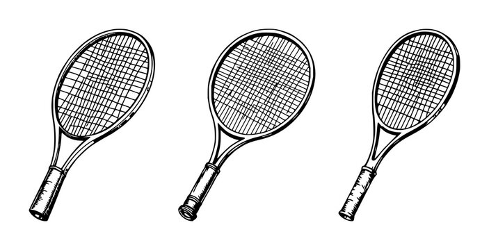 Tennis racket set with sketchy hand-drawn line art of a vintage wooden design featuring tennis rackets, sport equipment and vintage style with wood grain and white background