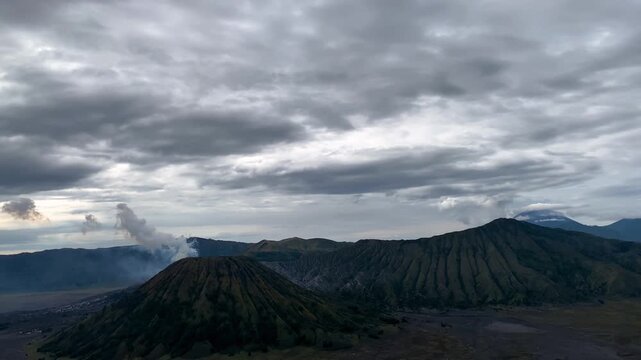 Aerial view flight over Mount Bromo volcano. Mount bromo tengger semeru National park.