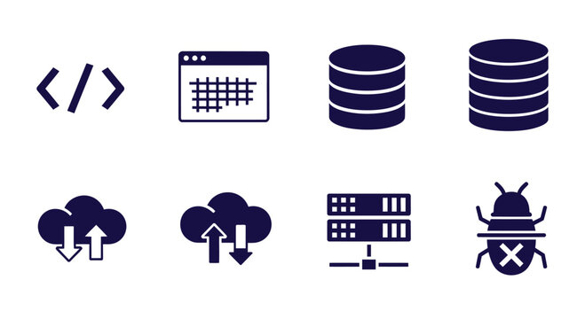 Essential vector graphic illustration featuring programming, database, cloud, and server icons for web development.