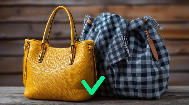 Side-by-side comparison of authentic versus counterfeit luxury goods, product authentication concept, quality verification, consumer awareness, with copy space