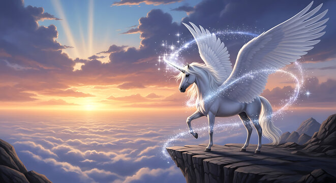 Majestic mythical winged unicorn glows with magical aura at sunset over breathtaking cloudscape