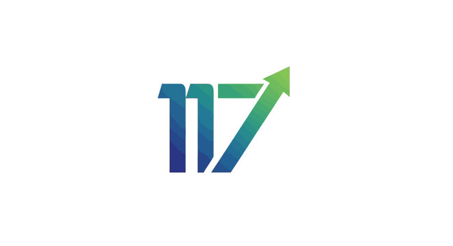 Number 117 Logo with Upward Growth Arrow on isolated white background, Modern Progress Symbol