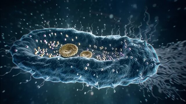 detailed 3d illustration of a single blue mitochondrion with glowing inner structures and fluid background