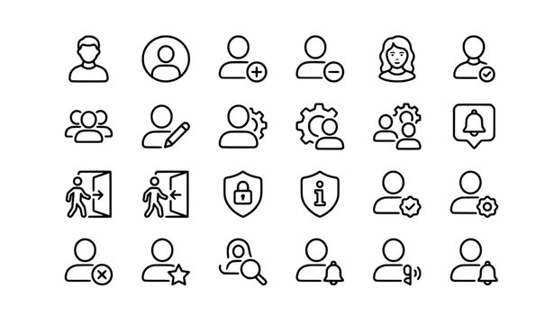 A set of modern line art icons depicting various user management and security concepts