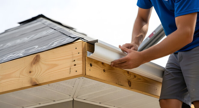 Professional gutter installation service | Roofer installing white seamless gutters on house | Residential roof drainage system repair | Home improvement gutter maintenance and replacement