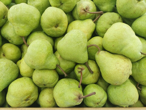 Fresh green Packham pears heap. Organic ripe fruits at the marketplace.