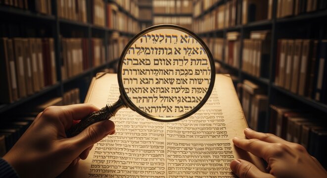 Hands holding magnifying glass over Hebrew text in library.