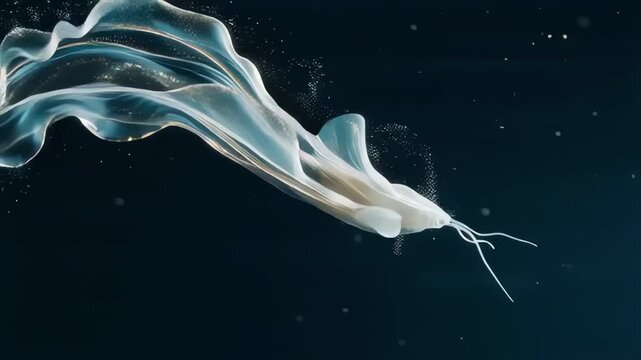 elegant flowing silk fabric in blue and white with sparkling particles on dark background