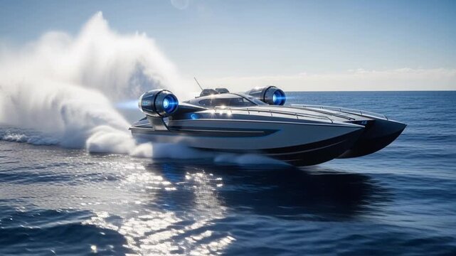 Futuristic Speed Boat with Jet Engines Skimming Across Ocean Waters