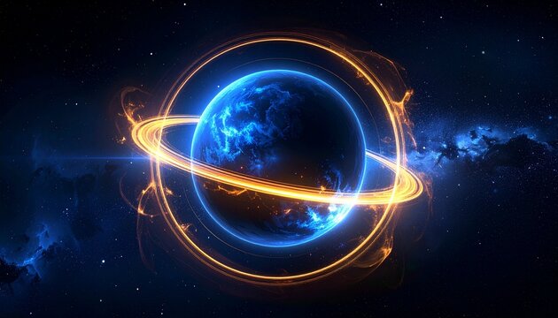 A radiant blue sphere emits cosmic energy, surrounded by glowing golden rings and swirling plasma in deep starry space.