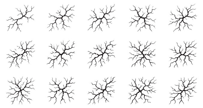 Neural Network Crack Patterns Set, branching crack designs, spiderwebs, electrical lightning. Editable Vector Stroke Illustration. featuring fracture, broken, damage, rupture, split, fissure more.