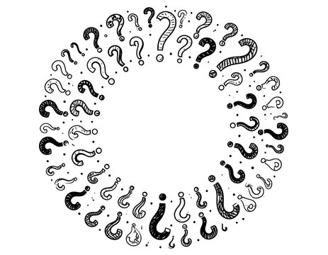 Whimsical question marks form a circle, hand-drawn with varied sizes and styles on white