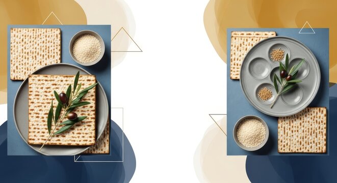 Flat lay of matzah and maror on a decorative background