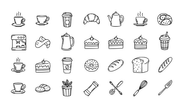 Doodle coffee shop and bakery icon set with cups pastries and cafe equipment hand drawn vector