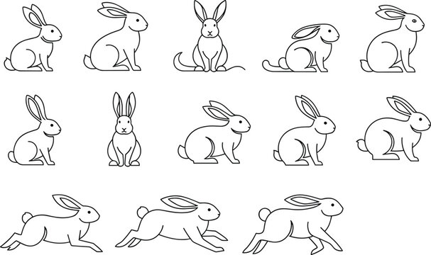 Minimalist Bunny Rabbit Vector Set with Various Poses for Animal, Spring, and Cartoon Illustrations