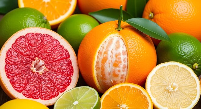 A vibrant still life featuring assorted citrus fruits including oranges limes and grapefruit