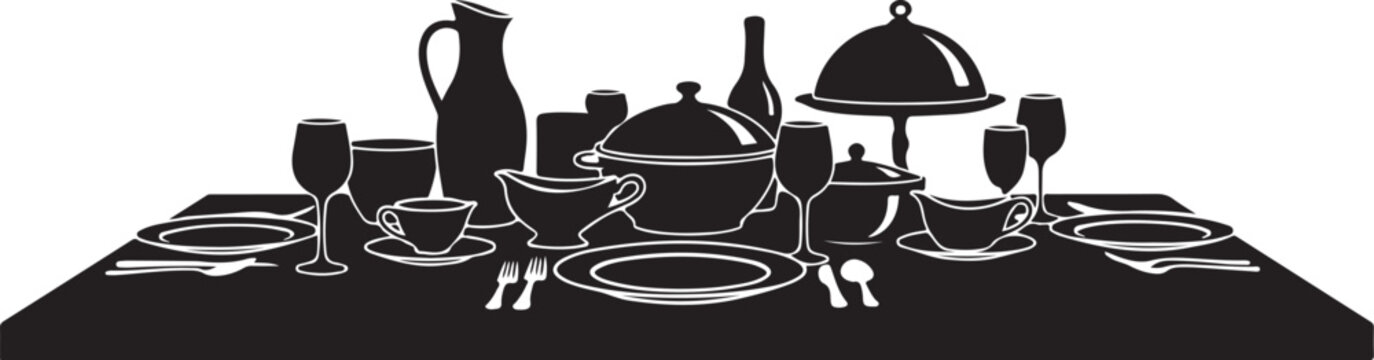 Black and white table setting with dinnerware and glassware