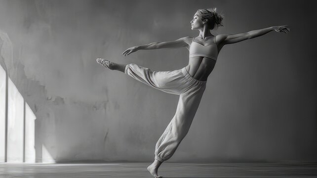 Monochrome full-body portrait of a fit athletic woman leaping mid-air in dynamic motion, ballet dancer in tutu, ballet dancer in ballet pose, young ballet dancer, ballet dancer posing, ballet dancer i
