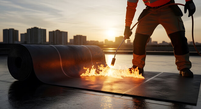 Professional flat roof waterproofing installation | Roofer using torch-on bitumen membrane at sunset | Industrial roofing construction worker with blowtorch | Bitumen felt roofing application