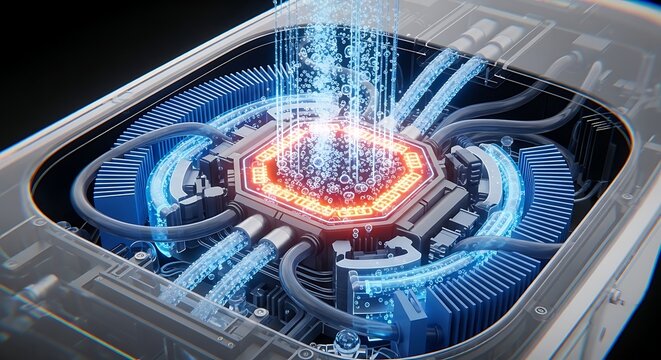 Advanced cooling system for a powerful central processing unit with glowing blue and orange energy flows and liquid cooling tubes