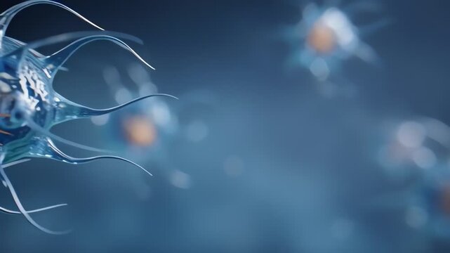 close-up blue and orange virus cell with spikes on blurred biomedical background for health research