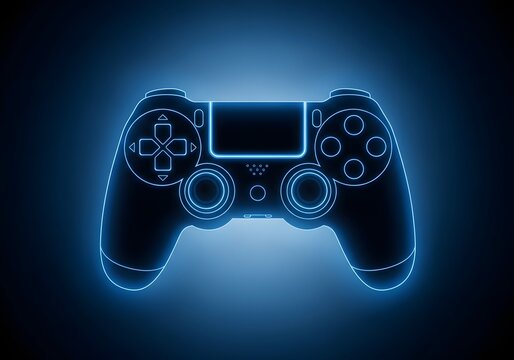 A glowing blue video game controller on a dark background