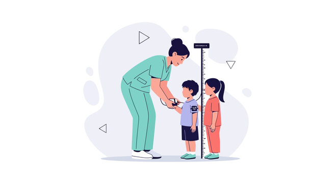 Pediatrician measuring children's height with stadiometer, healthcare concept