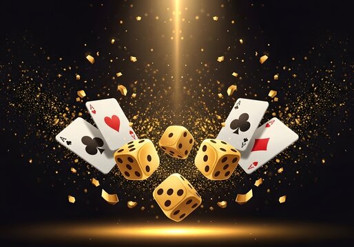 A dramatic display of flying playing cards and golden dice in mid-air