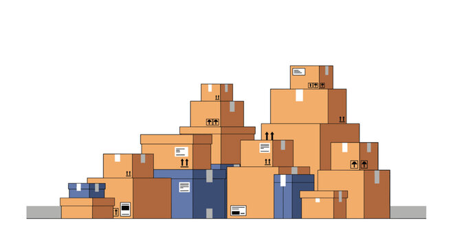 A massive and disorganized pile of brown and blue cardboard boxes of various sizes is stacked high against a plain white background in bright light.