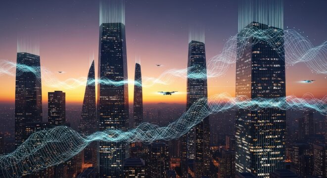 Futuristic city skyline with digital data waves at sunset