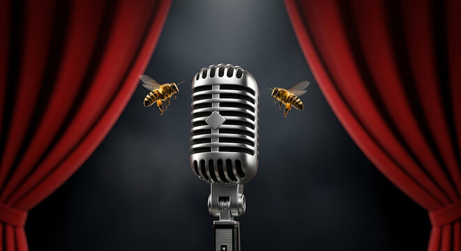 Two bees on stage with a vintage microphone and red curtains - a captivating performance scene