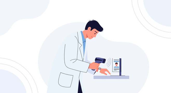 Doctor Scanning Patient ID Card with Barcode Scanner for Medical Check-in