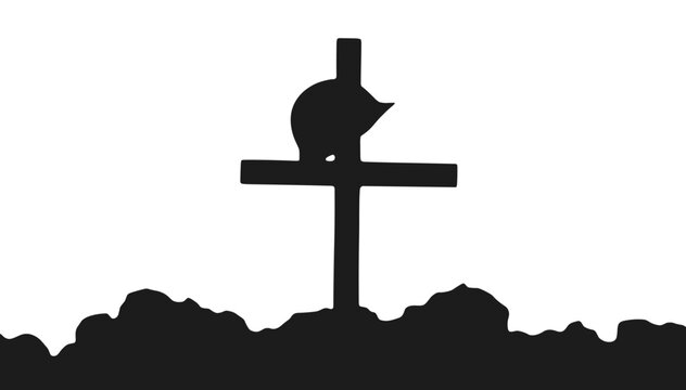 Silhouette of a cat sitting on a gravestone with dirt background. Victory Day 