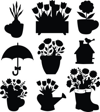 Silhouette illustration of various plants and flowers in pots and a house with umbrella on a rainy day outside