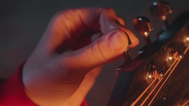 Campground music and adjustment scene. Person adjusting guitar peg in warm campsite lighting before campfire. Individual carefully tuning guitar at tranquil campsite as evening glow surrounds them