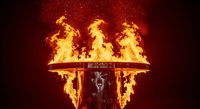 Magnificent ceremonial torch ablaze with powerful flames against a deep, dark backdrop, symbolizing unity and endurance