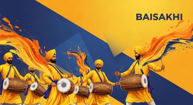 Sikh men in yellow turbans and kurtas play dhol drums in a celebratory parade with abstract orange and blue splashes.