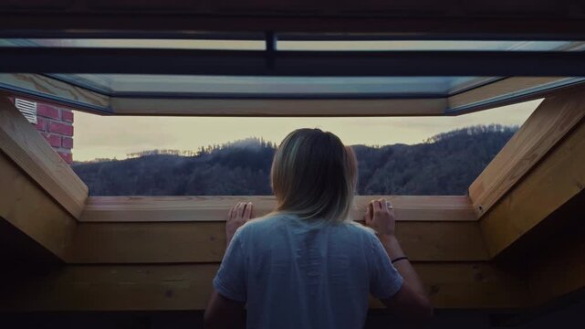 Woman looking through attic window at sunrise cozy morning light
Woman standing by panoramic window watching sunrise. Calm morning mood with soft natural light and cozy home interior.